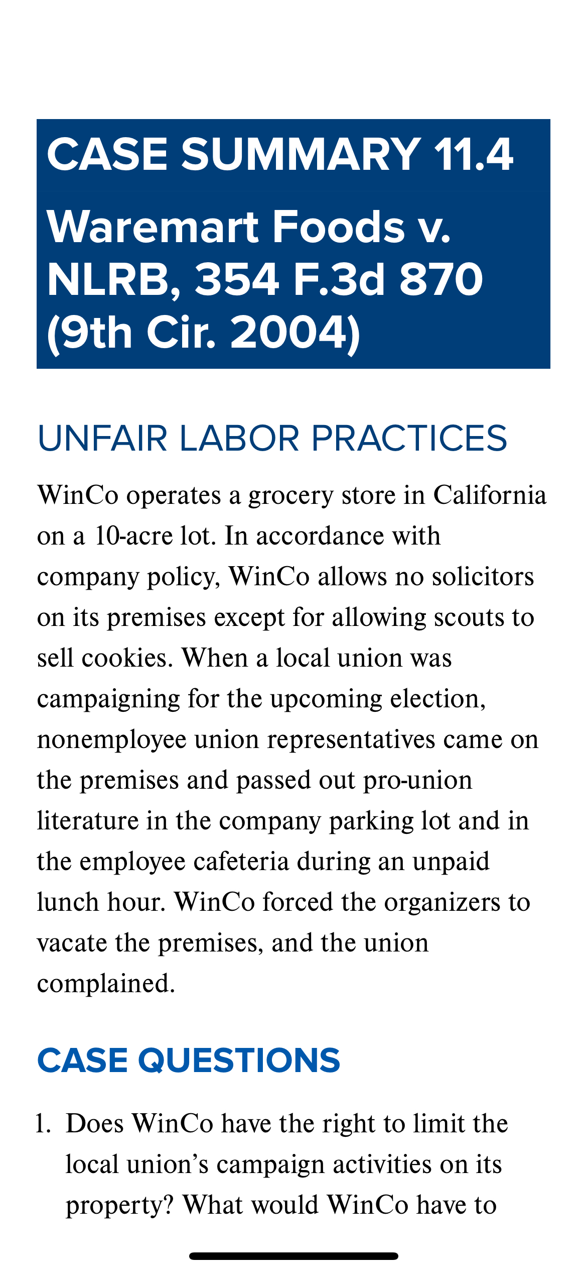 Solved CASE SUMMARY 11.4 ﻿Waremart Foods v. ﻿NLRB, 354 ﻿F.3d