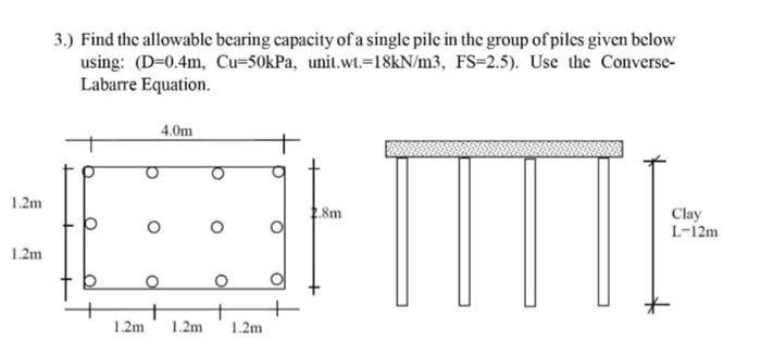 3.) Find the allowable bearing capacity of a single pile in the group of piles given below using: \( (\mathrm{D}=0.4 \mathrm{