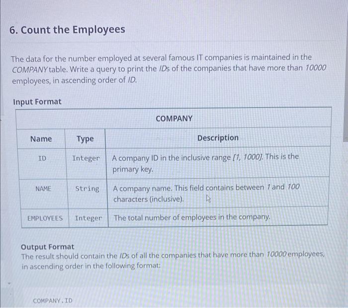 The data for the number employed at several famous IT companies is maintained in the COMPANY table. Write a query to print th