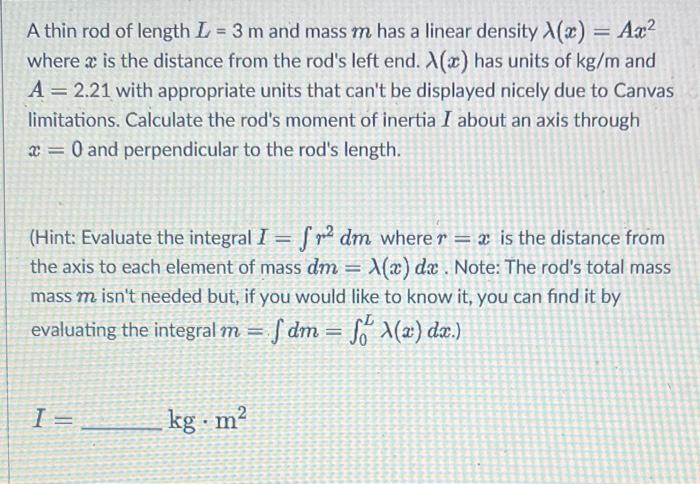 Solved A Thin Rod Of Length L = 3 M And Mass M Has A Linear | Chegg.com