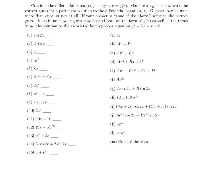 Solved Consider the differential equation y′′−2y′+y=g(x). | Chegg.com