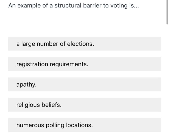 Solved An example of a structural barrier to voting is... a