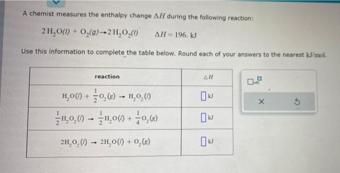 A chemist measures the enthalpy change \( \Delta H \) during the following reaction:
\[
2 \mathrm{H}_{2} \mathrm{O}(I)+\mathr