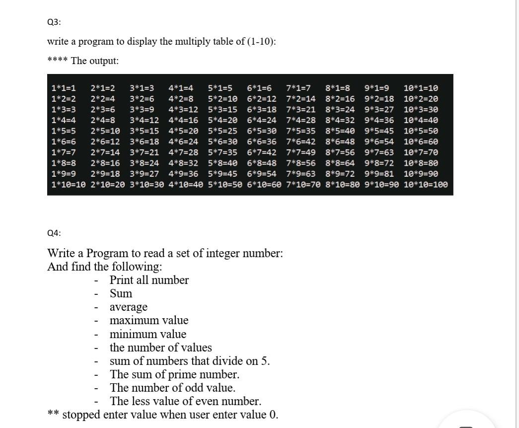 Solved Q3: write a program to display the multiply table of | Chegg.com
