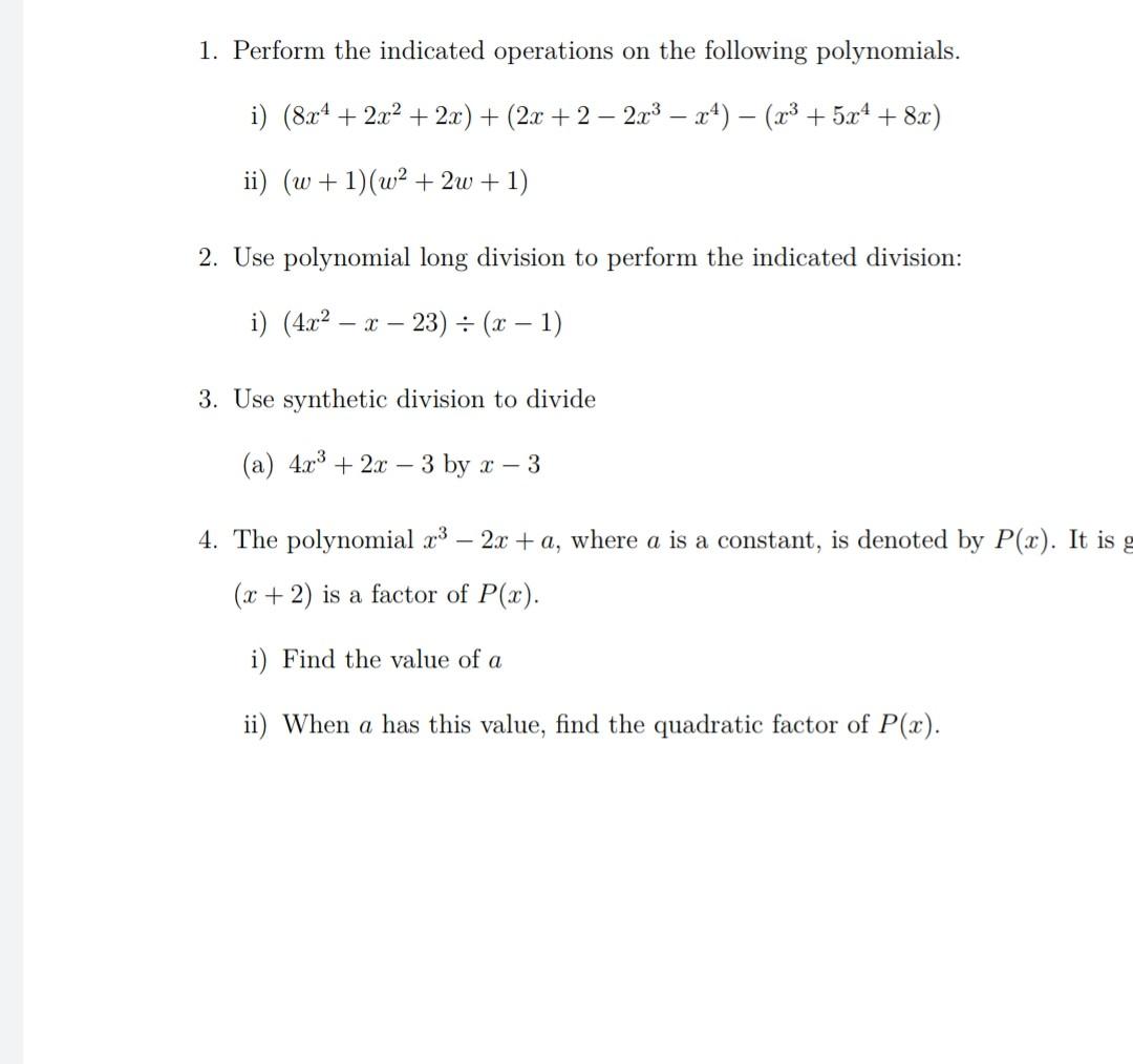 Solved 1. Perform the indicated operations on the following | Chegg.com