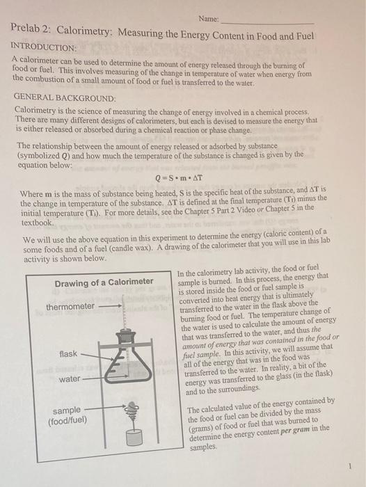 Solved Name Prelab 2 Calorimetry Measuring the Energy