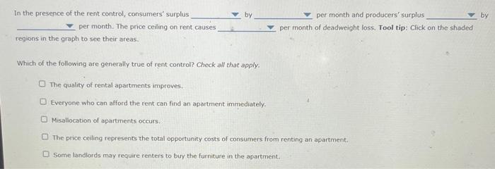 In the presence of the rent control, consumers surplus
by
per month and producers surplus
per month. The price ceiling on r