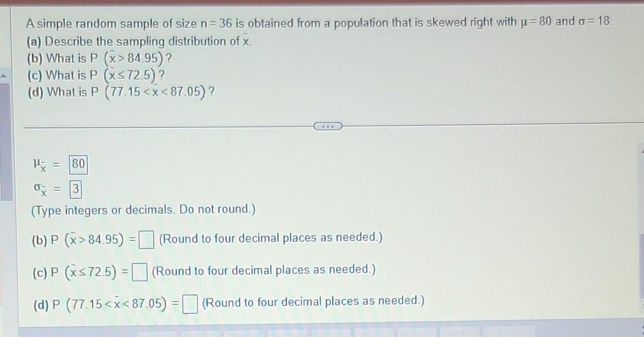 Solved A simple random sample of size n=36 is obtained from | Chegg.com