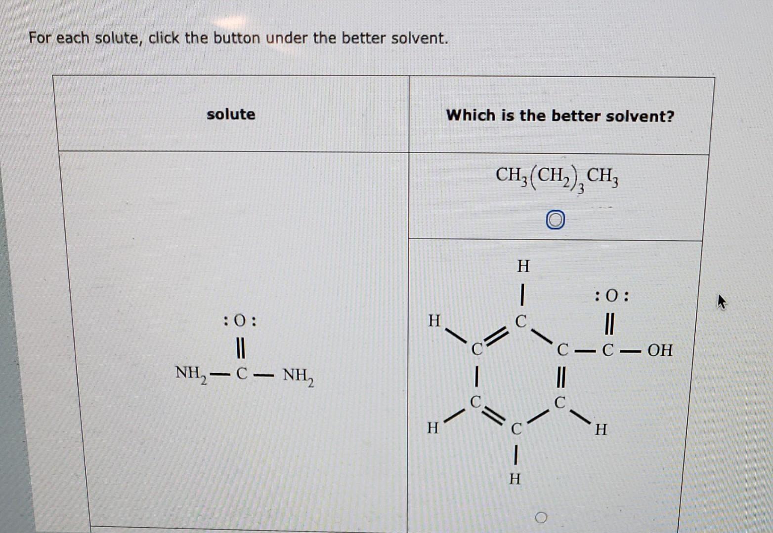 Solved For Each Solute, Click The Button Under The Better | Chegg.com