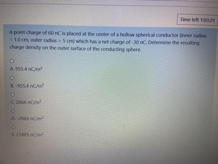 Solved Time left 1:03:21 A point charge of 60 nC is placed | Chegg.com