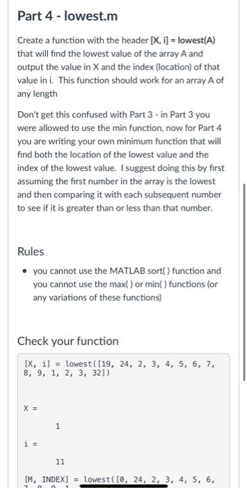 Solved Part 4 - lowest.m Create a function with the header | Chegg.com