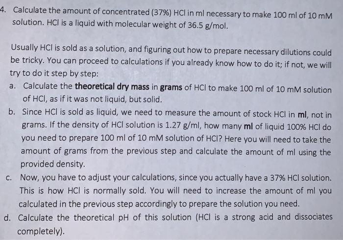 37 Hcl Molar Concentration Solved 4. Calculate the amount of concentrated (37%) HCl in | Chegg.com