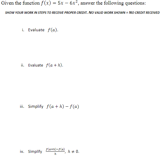 Solved Given the function f(x)=5x-6x2, ﻿answer the following | Chegg.com