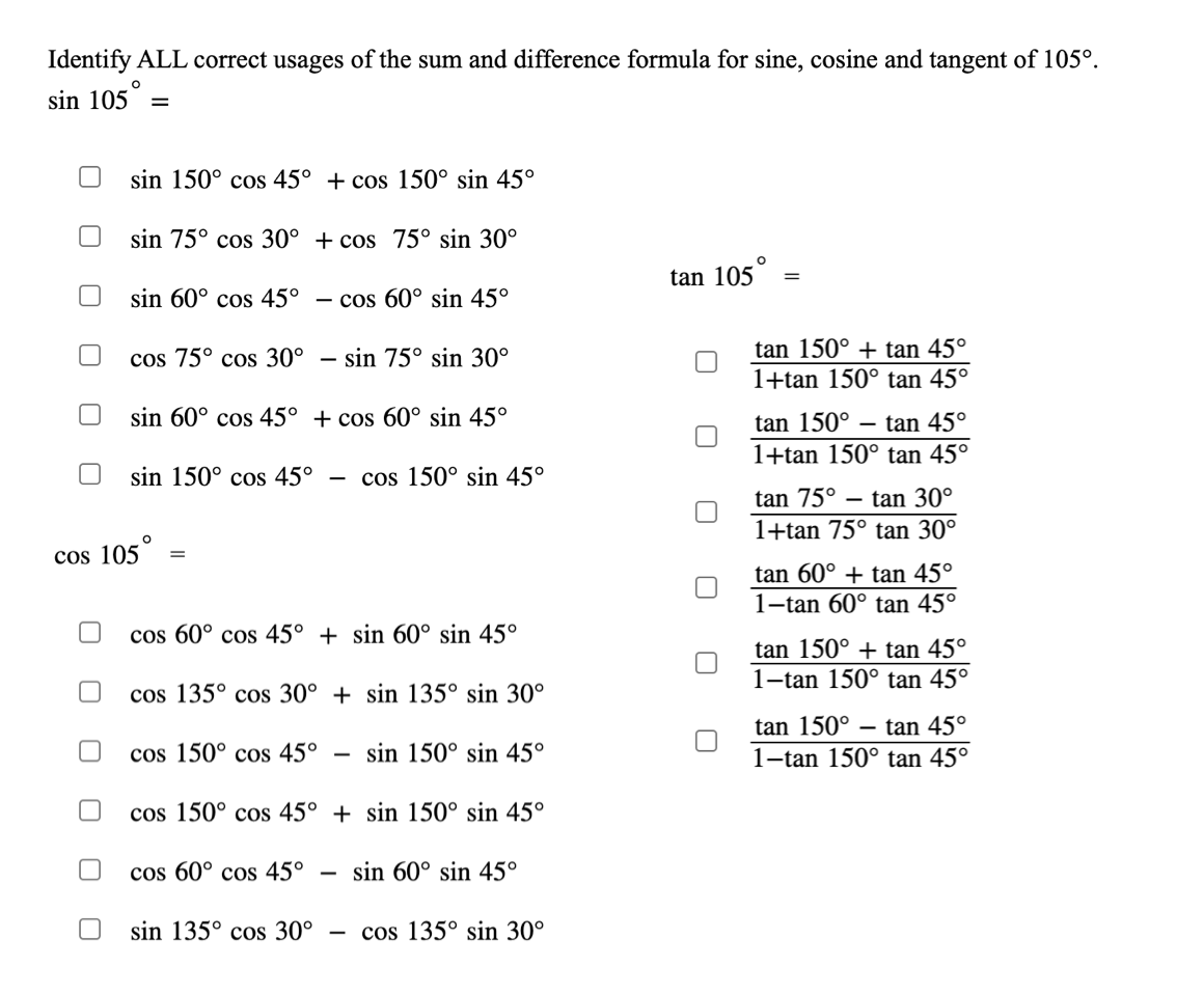 Solved identify all correct usages of the sum and difference chegg