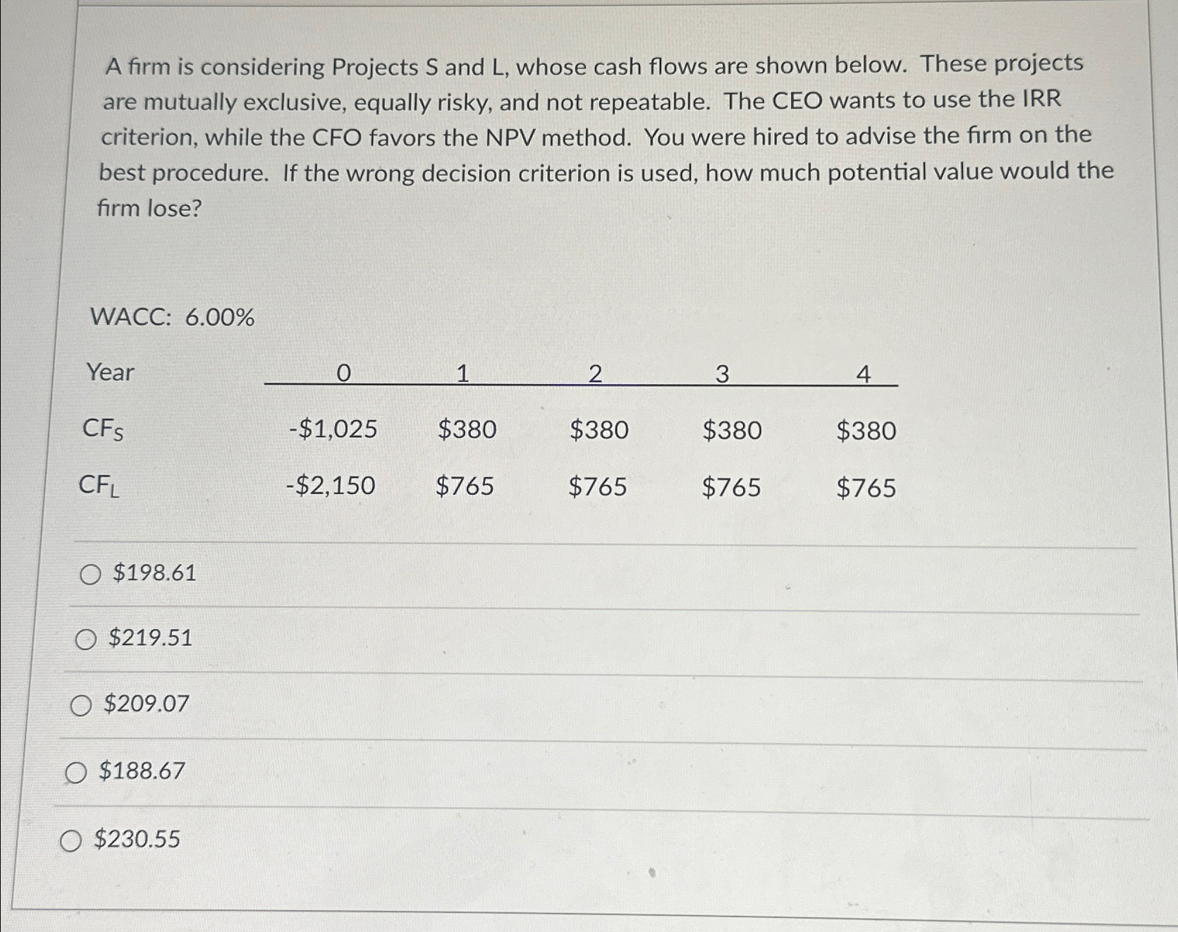 Solved A firm is considering Projects S ﻿and L, ﻿whose cash | Chegg.com
