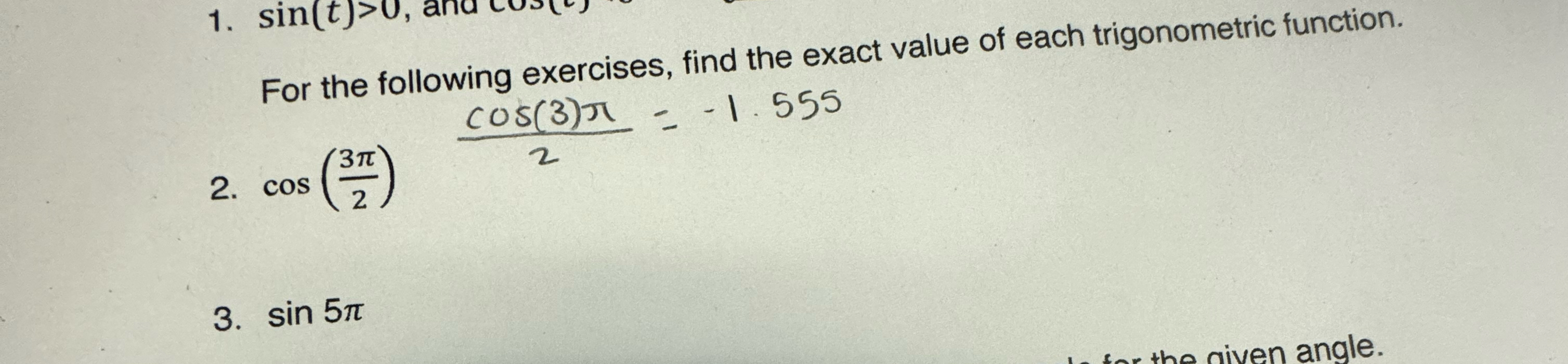 find the exact value of the trigonometric function cos π 3
