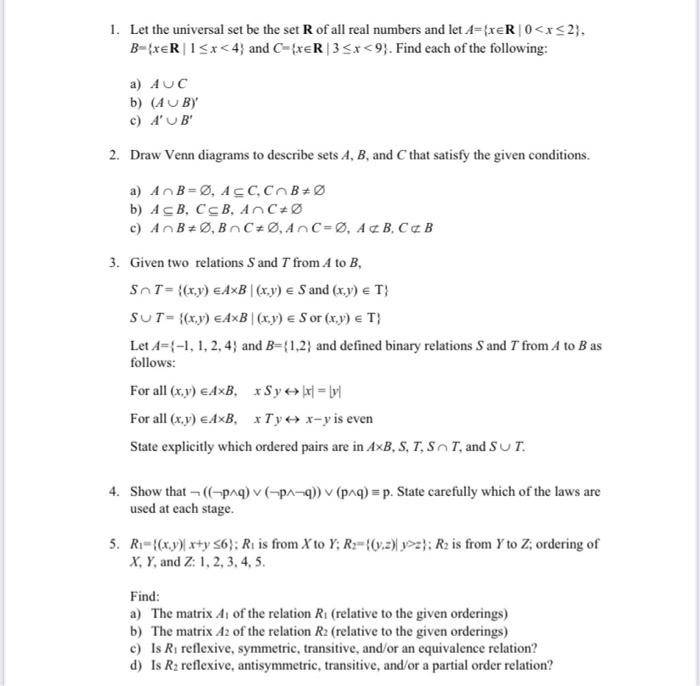 Solved 1. Let the universal set be the set R of all real | Chegg.com