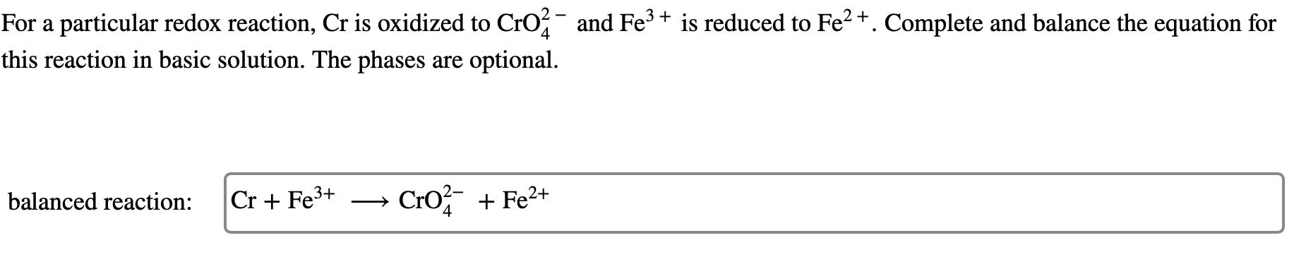 Solved For A Particular Redox Reaction Cr ﻿is Oxidized To 6190