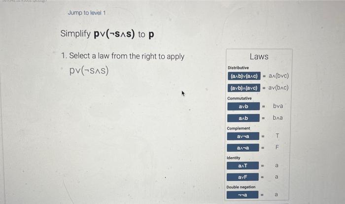 Solved Simplify p∨(¬S∧S) to p 1. Select a law from the right | Chegg.com