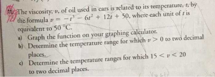 Solved an. The viscosity, v, of oil used in cars is related | Chegg.com
