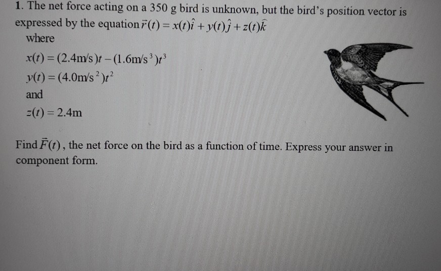 Solved 1 The Net Force Acting On A 350 G Bird Is Unknown Chegg Com