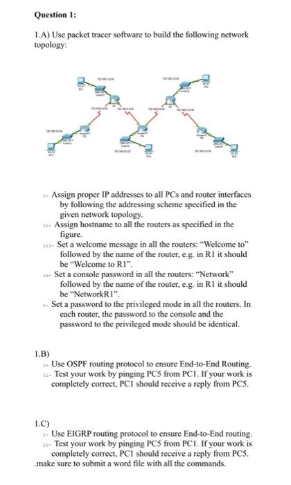 Solved Question 1: 1.A) Use Packet Tracer Software To Build | Chegg.com