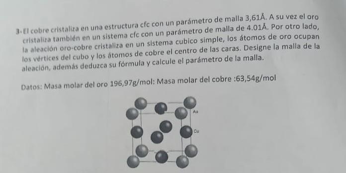 3. El cobre cristaliza en una estructura cfc con un parámetro de malla \( 3,61 \AA \). A su vez el oro cristaliza también en