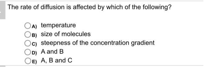 Solved The rate of diffusion is affected by which of the | Chegg.com