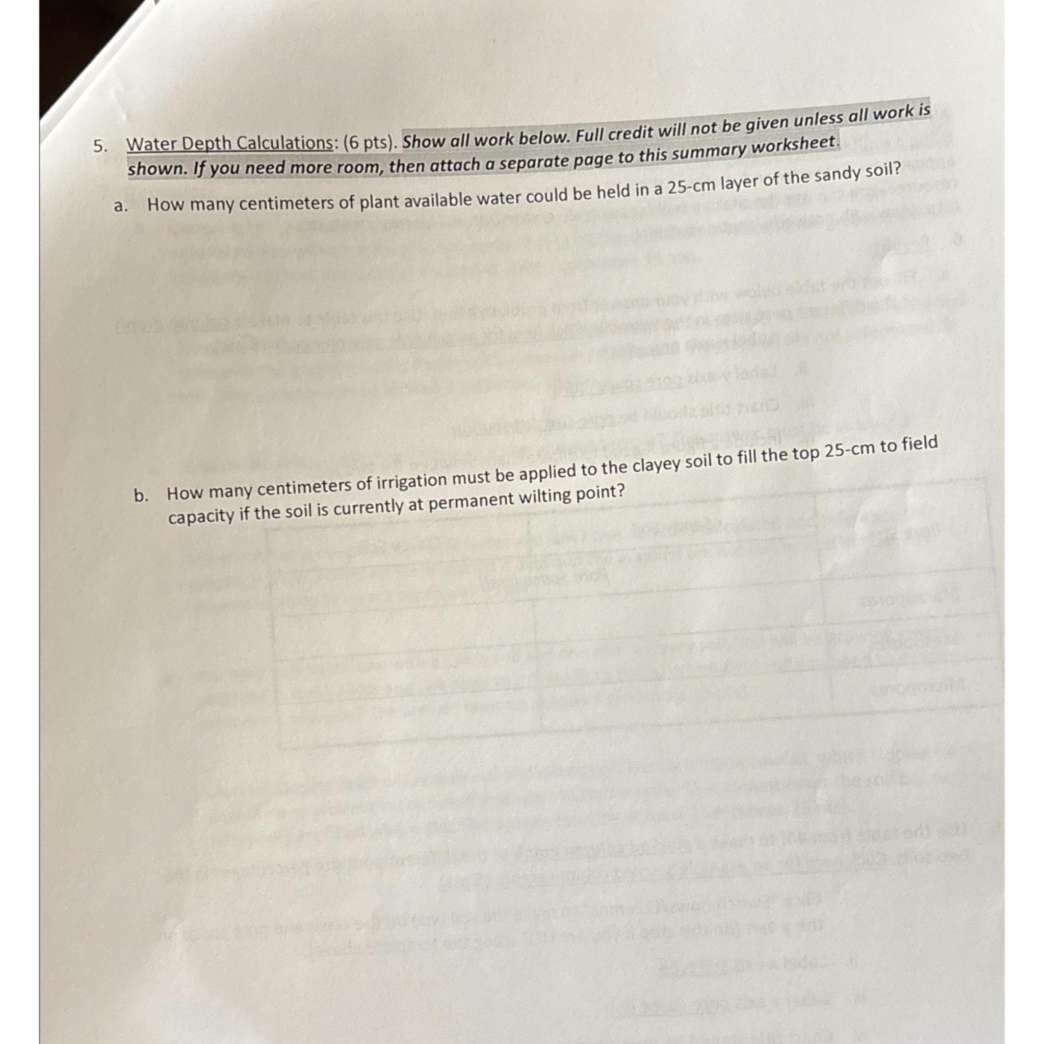 Solved Water Depth Calculations: ( 6 ﻿pts). ﻿Show all work | Chegg.com