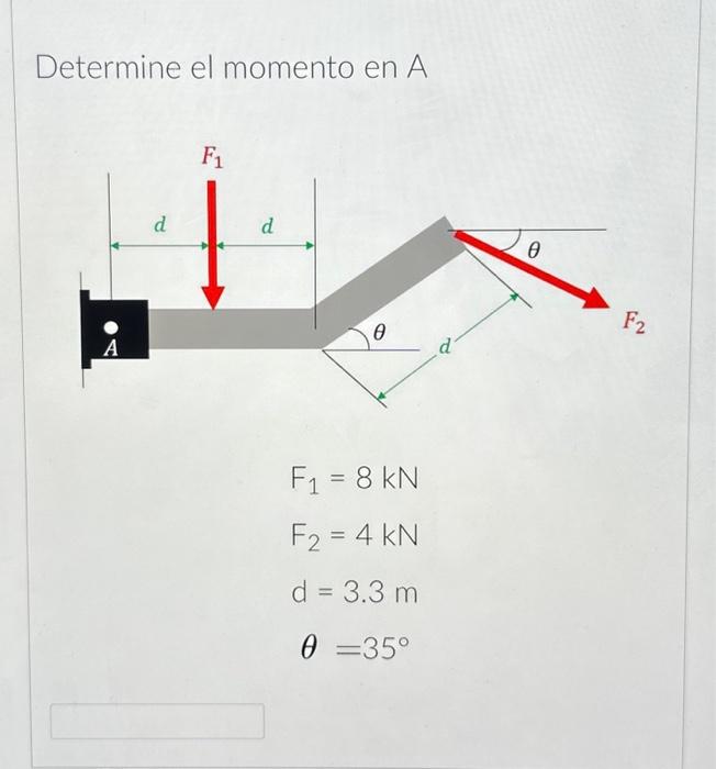 Determine el momento en A \[ \begin{array}{c} F_{1}=8 \mathrm{kN} \\ F_{2}=4 \mathrm{kN} \\ d=3.3 \mathrm{~m} \\ \theta=35^{\