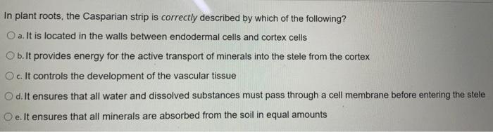 Solved In plant roots, the Casparian strip is correctly | Chegg.com