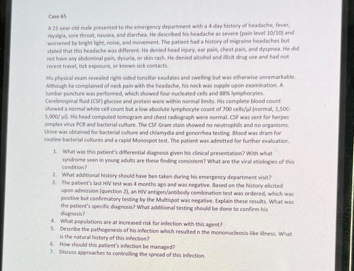 Solved a Case 65 A 21-year-old male presented to the | Chegg.com