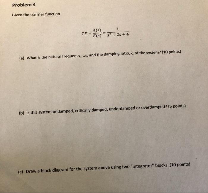 Solved Problem 4 Given the transfer function X() 1 TF = F = | Chegg.com