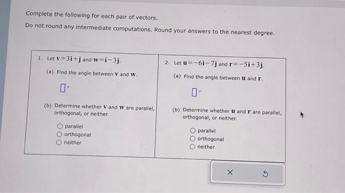 Solved Complete the following for each pair of vectors. Do | Chegg.com