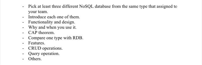 Solved Pick at least three different NoSQL database from the | Chegg.com