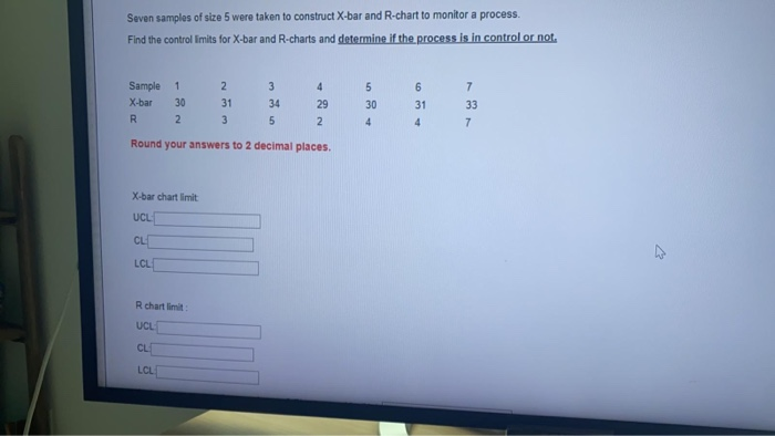 Solved Seven samples of size 5 were taken to construct X-bar | Chegg.com