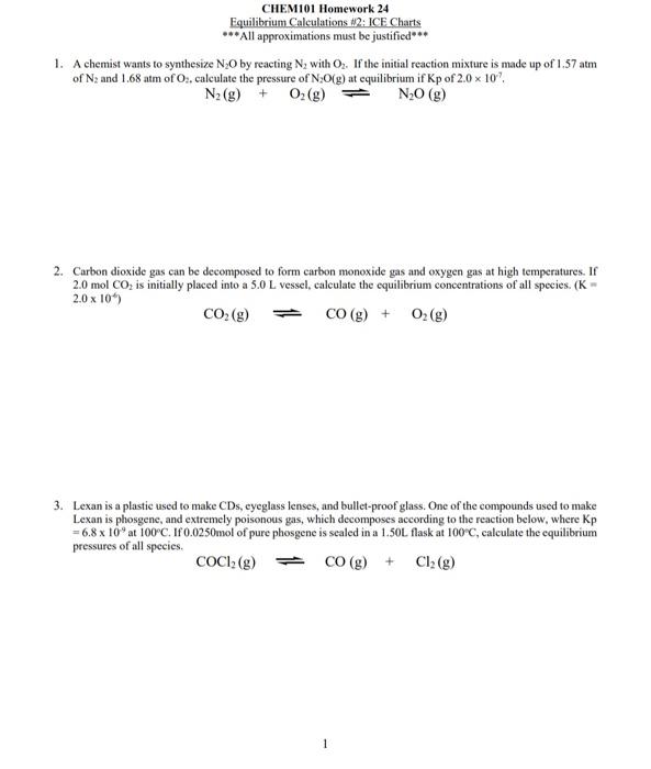 Solved CHEM101 Homework 24 Equilibrium Calculations 12 : ICE | Chegg.com