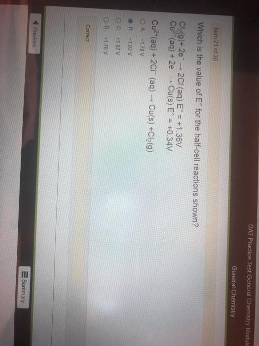 Solved DAT Practice Test General Chemistry Module General