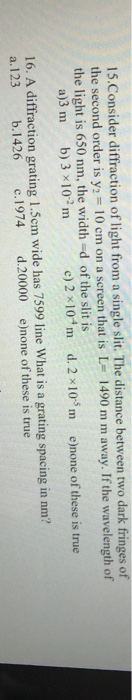 Solved 15. Consider diffraction of light from a single slit. | Chegg.com
