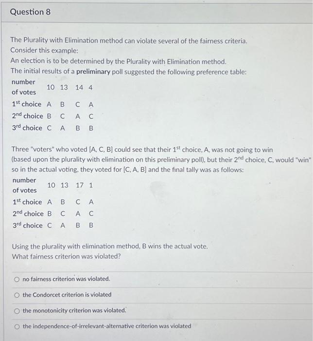 Solved The Plurality with Elimination method can violate | Chegg.com