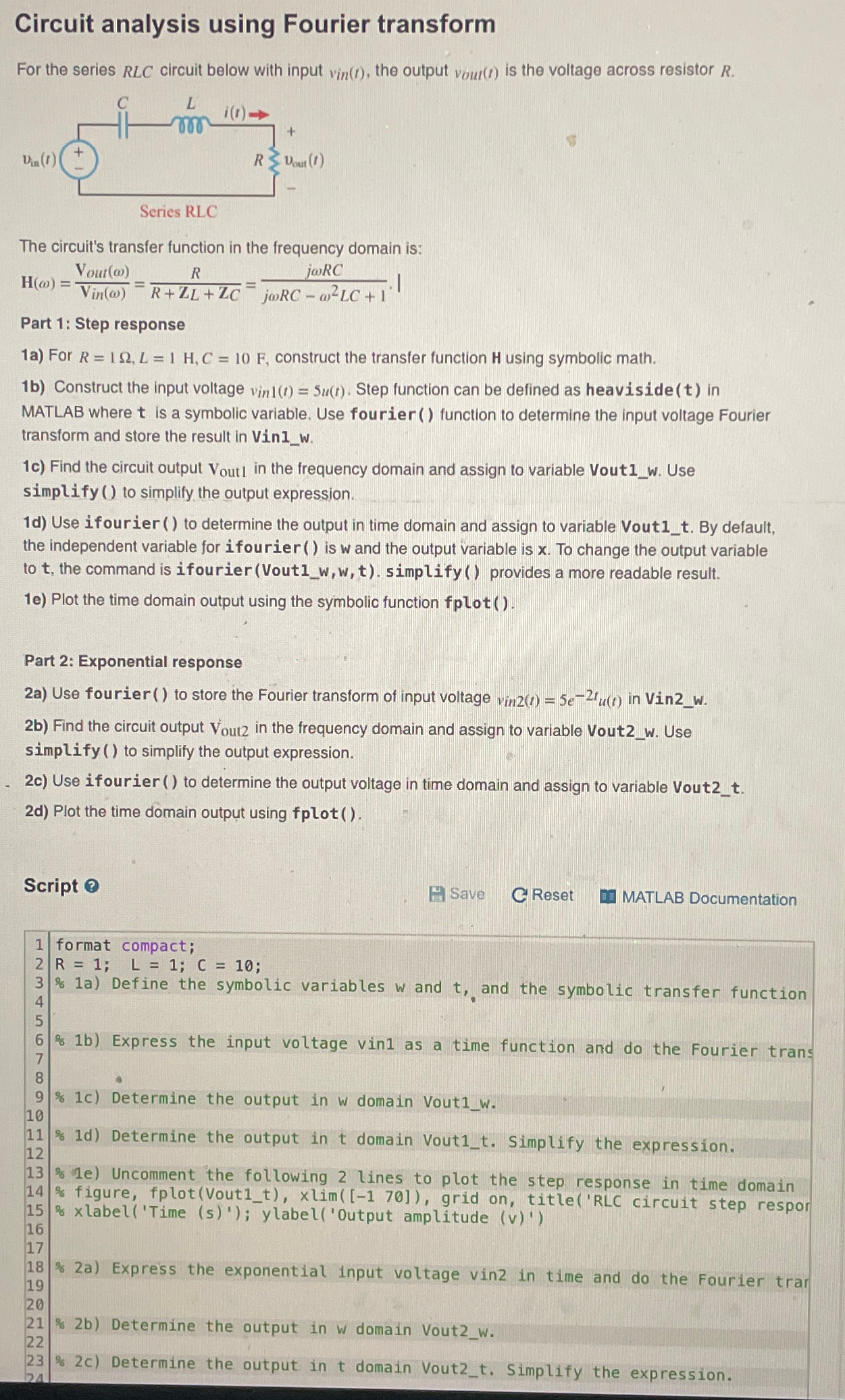 Solved Answer all parts in MATLAB Code. Circuit analysis | Chegg.com