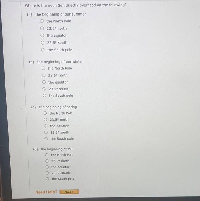 Solved Where is the noon Sun directly overhead on the