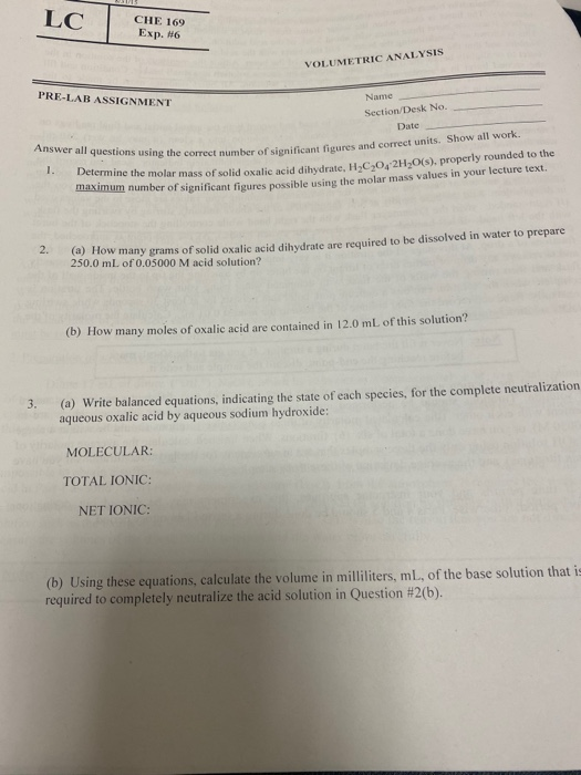 Solved LC LC CHE 169 Exp. 6 beteg VOLUMETRIC ANALYSIS