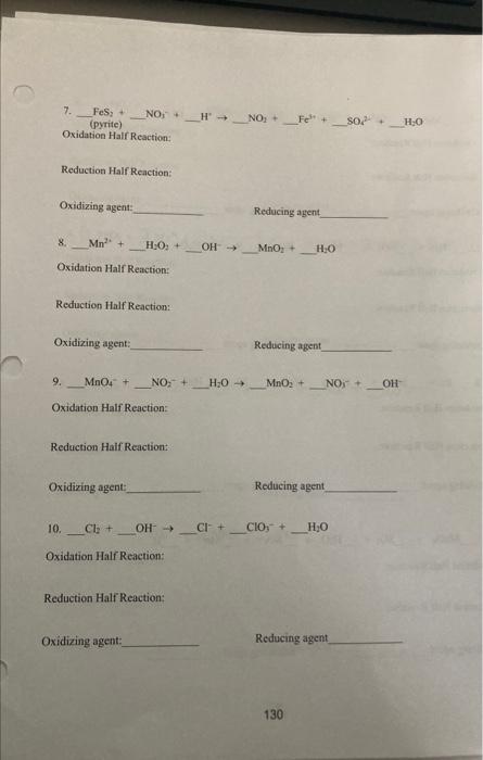 Solved 7. (pyrite) FeS+NO3−+H∗→NO2+Fe3++SO42−+−H2O | Chegg.com