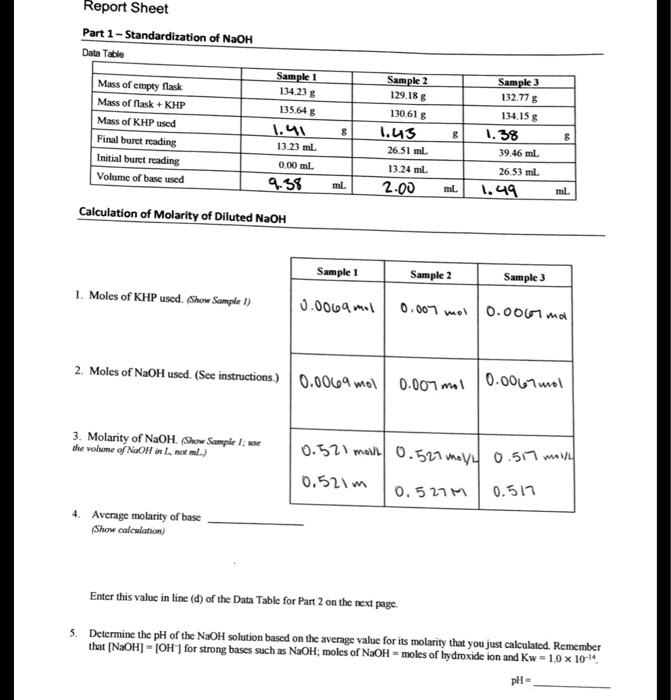 Solved Part 1 - Standardization of NaOH Data Table | Chegg.com