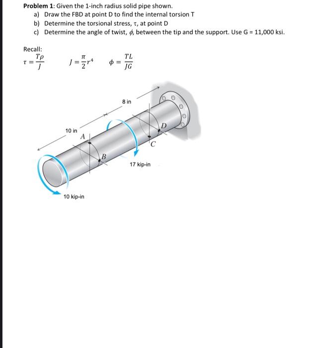 Solved Problem 1: Given the 1-inch radius solid pipe shown. | Chegg.com