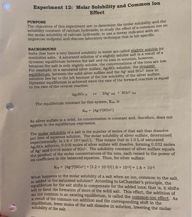 experiment 22 molar solubility common ion effect report sheet