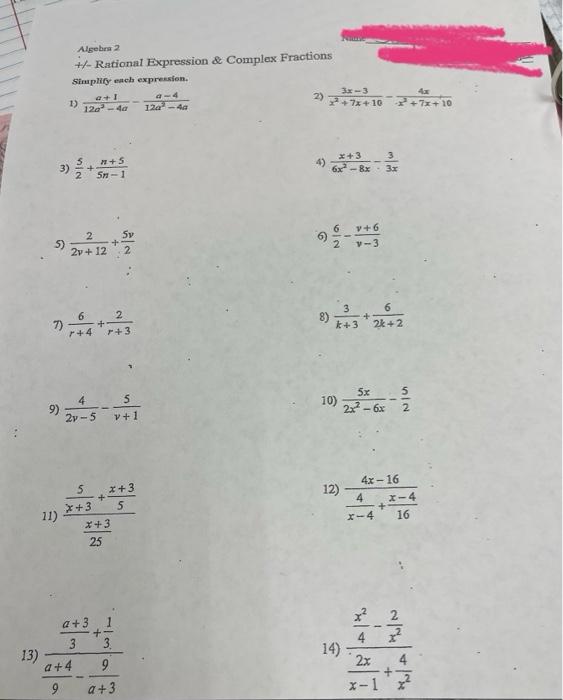 Solved 1) 12a3−4aa+1−12a2−4aa−4 2) x2+7x+103x−3−x2+7x+104x | Chegg.com