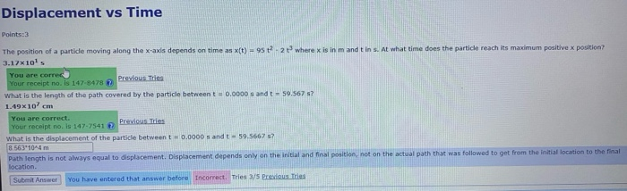 Solved Displacement vs Time Points: 3 The position of a | Chegg.com