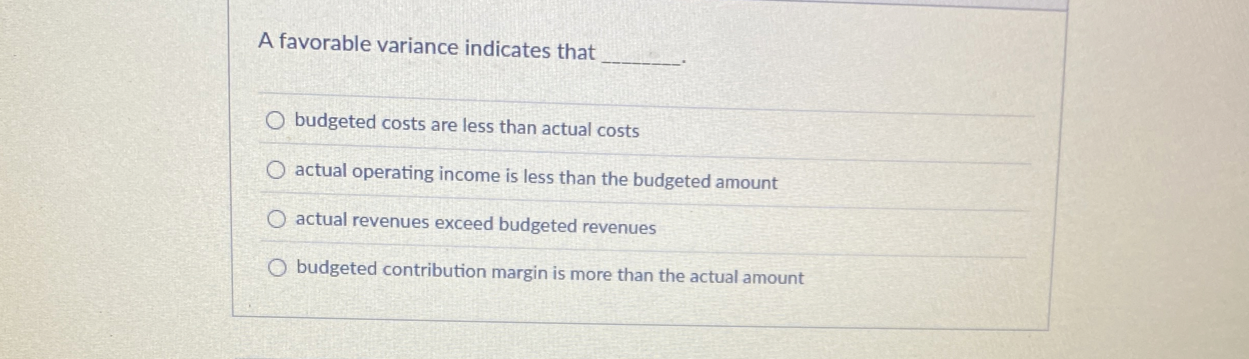 Solved A favorable variance indicates thatbudgeted costs are